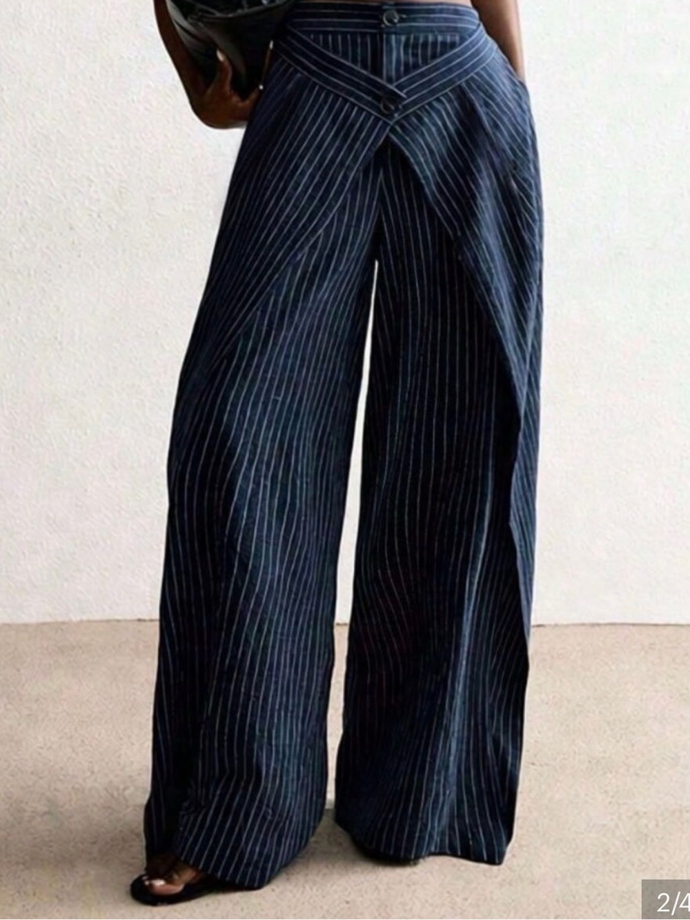 Blue Casual Women's Striped Wrap Front High Waisted Trousers with Pockets